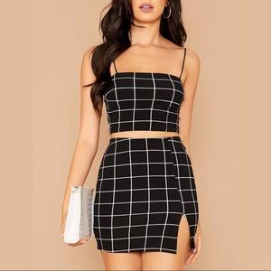 Romwe Grid Crop Cami and Slit Skirt